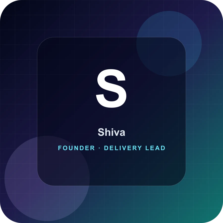 Profile card for Shiva, founder and delivery lead at Bridging Square